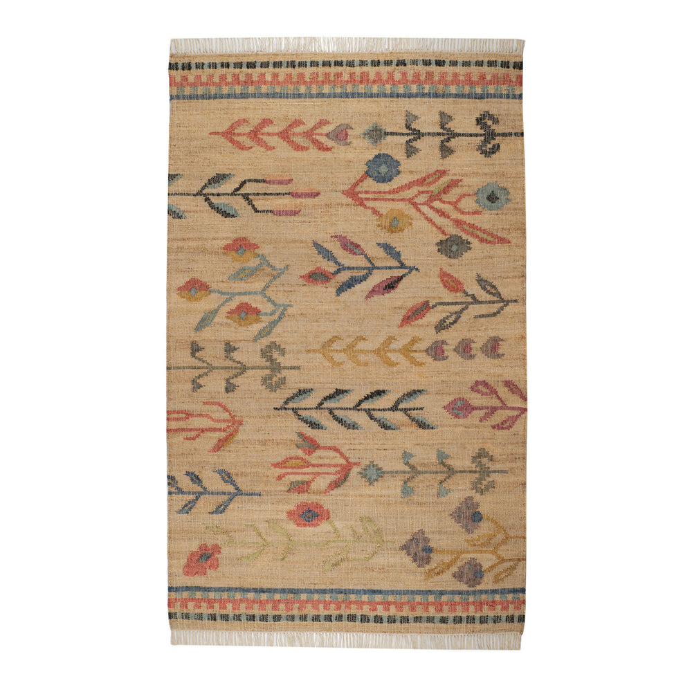 Folk Floral Kilim Handwoven Jute Rug | Natural