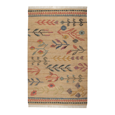 Folk Floral Kilim Handwoven Jute Rug | Natural