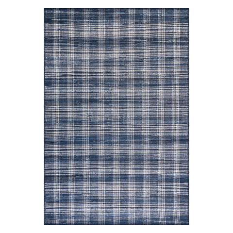 Denim Plaid Machine Washable Rug | Blue