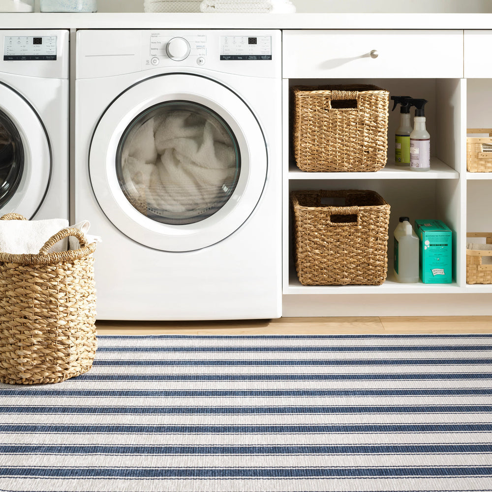 Awning Stripe Machine Washable Rug | Blue