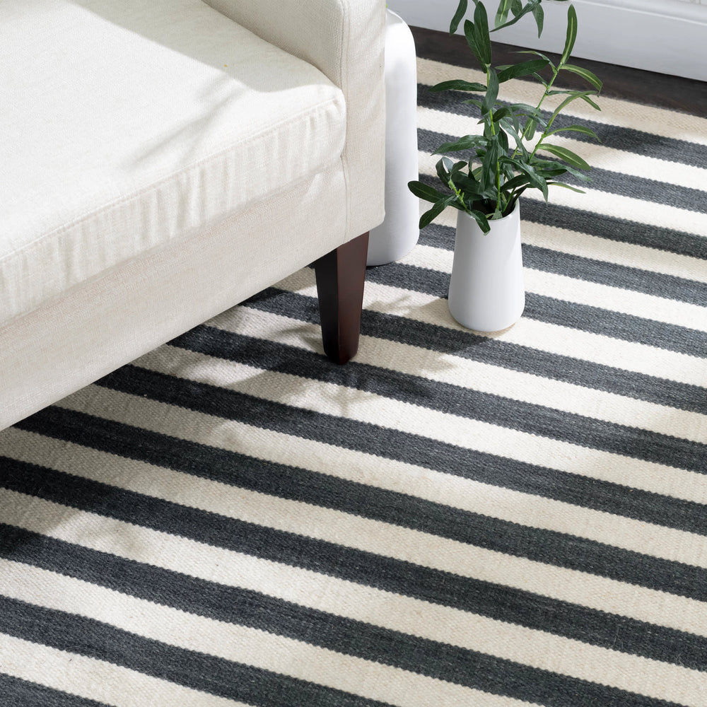 Ladder Stripe Handwoven Wool Rug | Black/Ivory