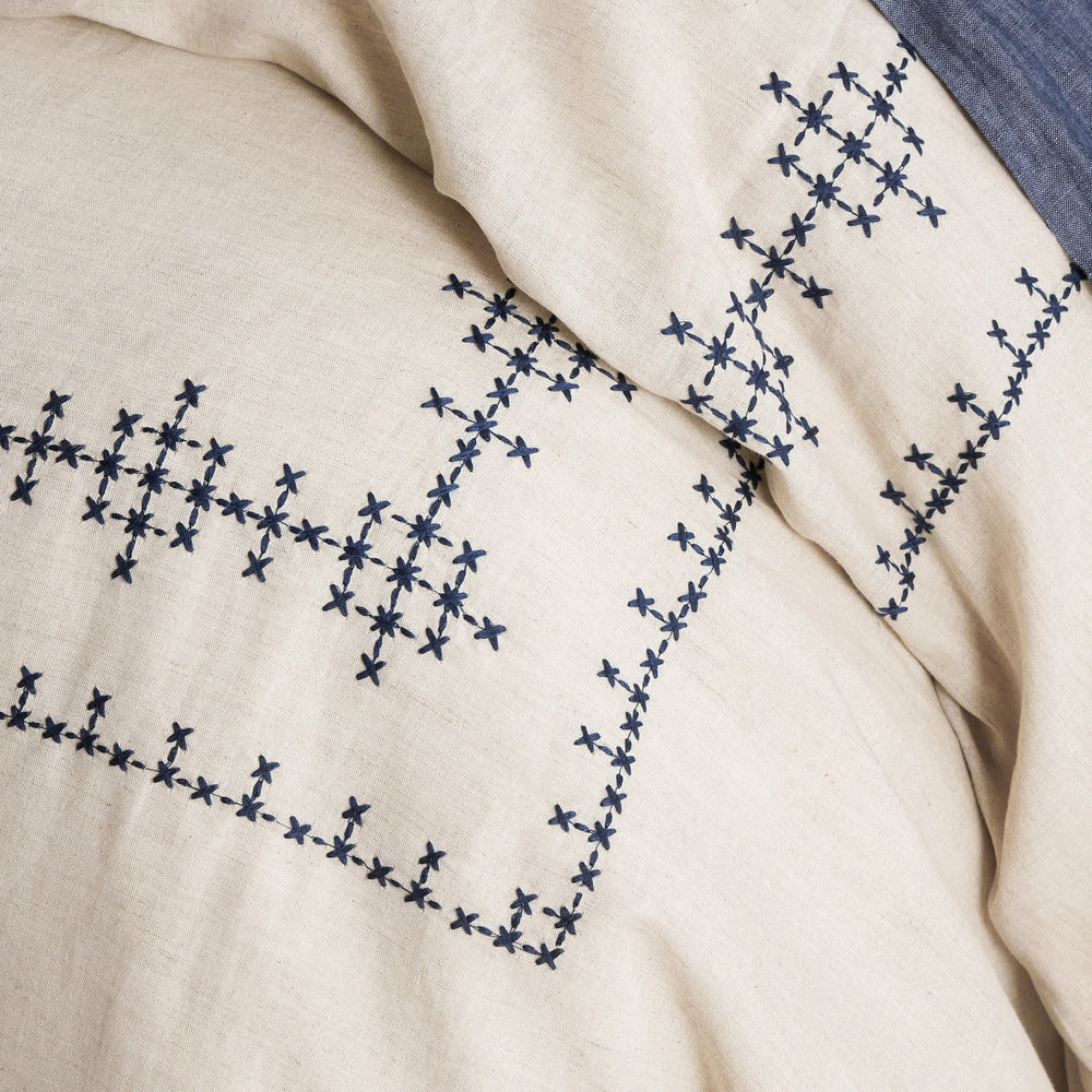 Cross-Stitch Linen Duvet Cover | Navy