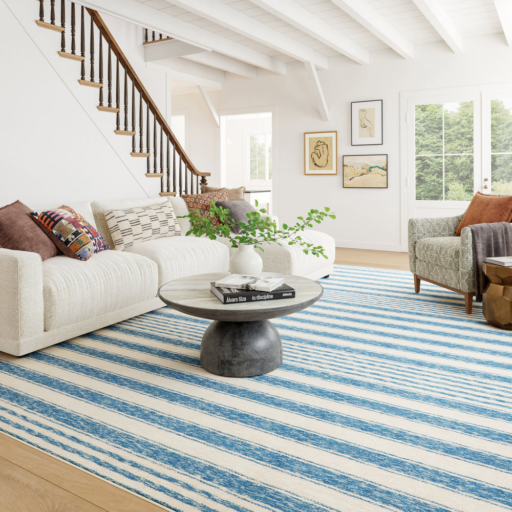 Vion Coastal Striped Machine Washable Rug | Blue