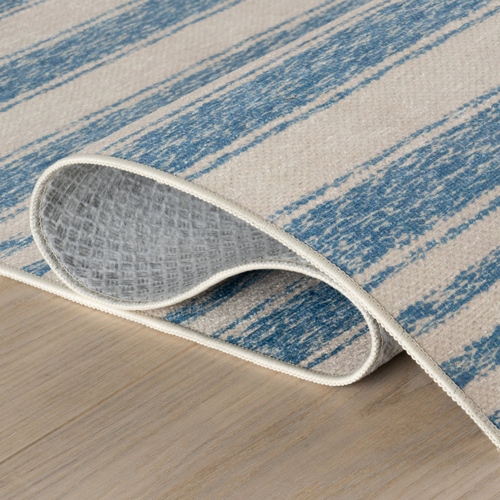 Vion Coastal Striped Machine Washable Rug | Blue