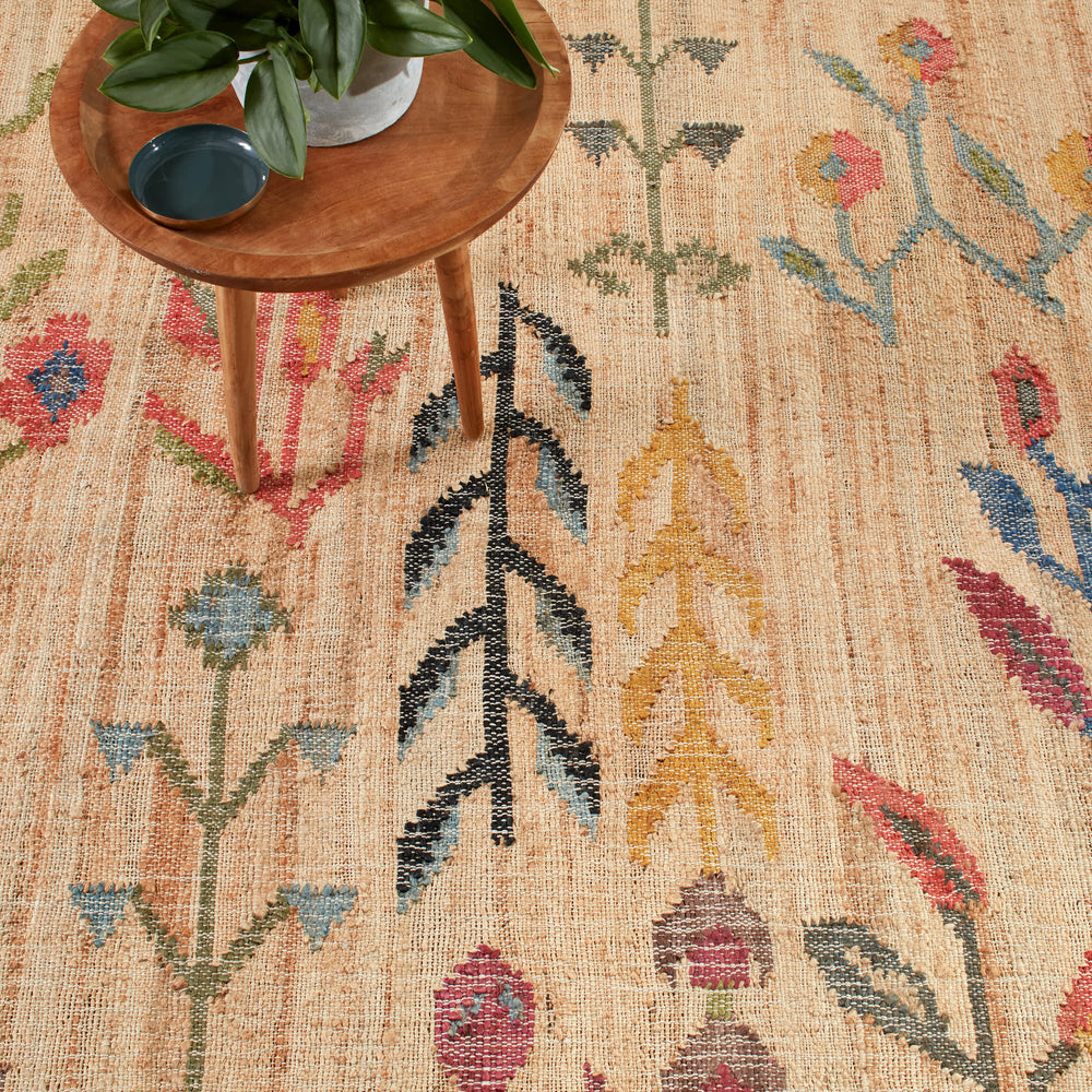 Folk Floral Kilim Handwoven Jute Rug | Natural